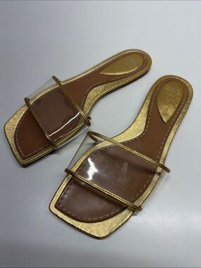Zara Slides Sandals Open Toe Slip On Shoes Clear Strap Gold Metallic Size 36 / 6
